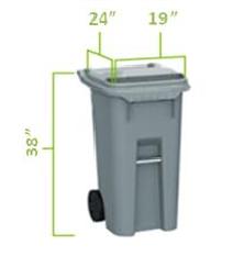 35 Gallon Trash Cart: 38 inches tall, 19 inches wide, 24 inches long