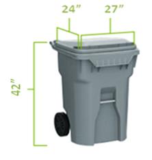 64 Gallon Trash Cart: 42 inches tall, 24 inches wide, 27 inches long