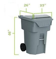 96 Gallon Trash Cart: 46 inches tall, 26 inches wide, 35 inches long